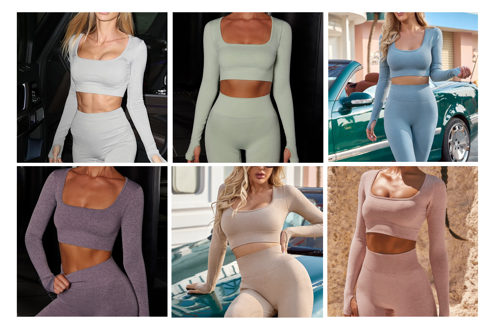 low cut square neck long sleeve seamlss top and legging workout clothing